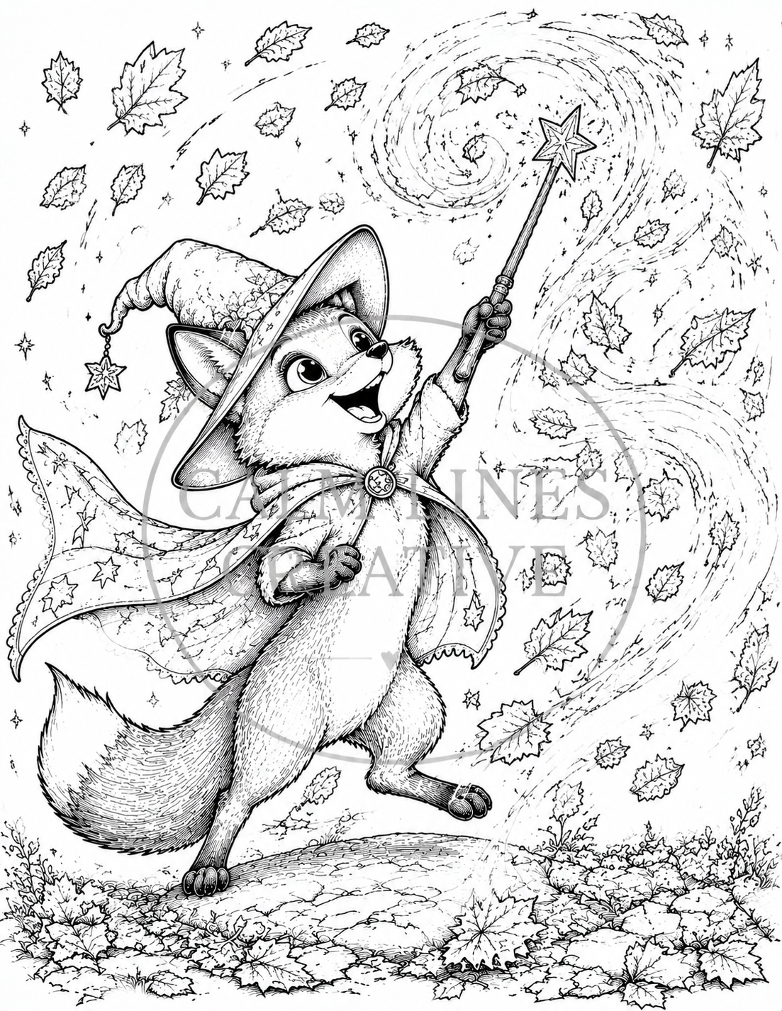 Cute fox wizard casting autumn leaf magic Halloween coloring page printable PDF for adults and teens.