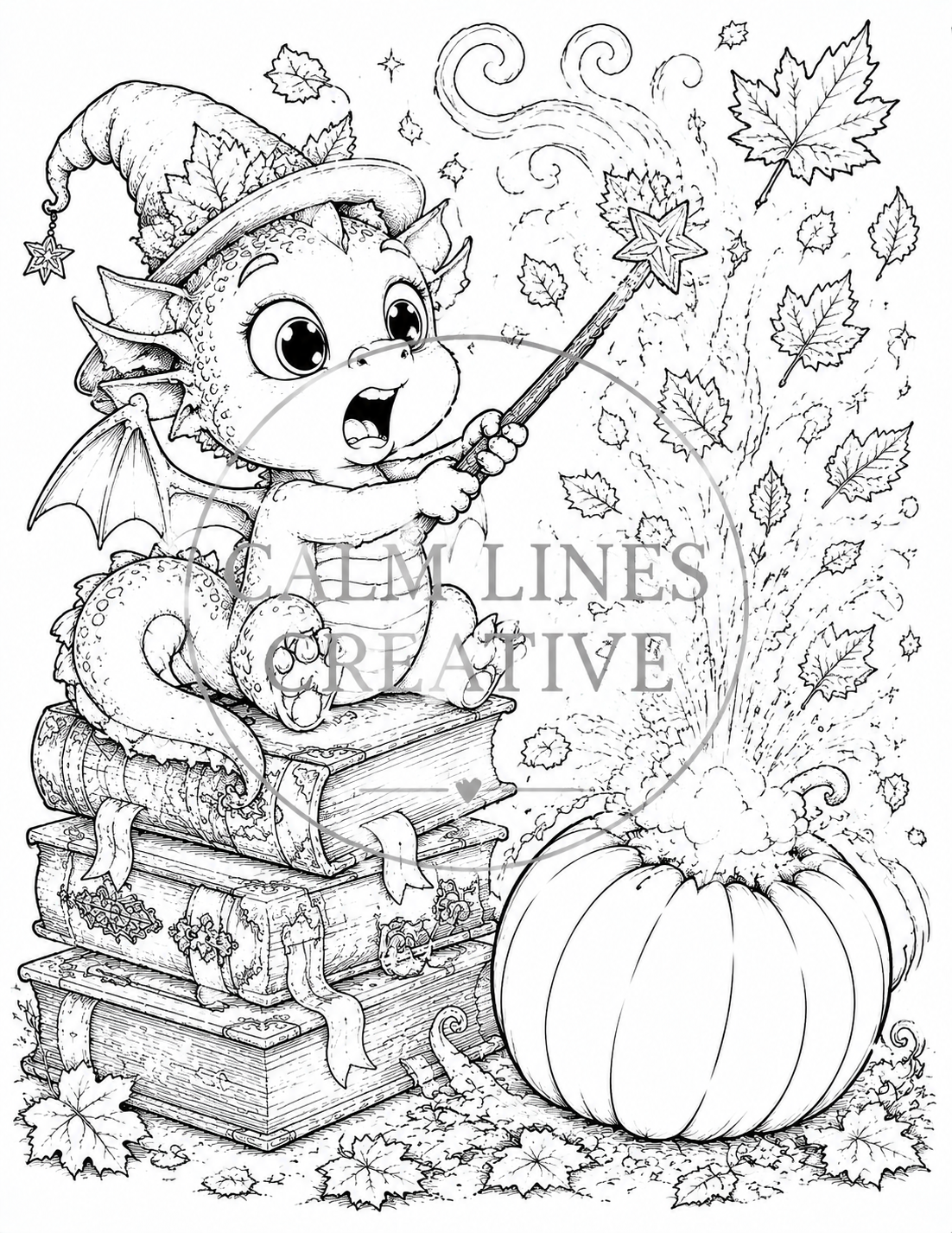 Cute baby dragon wizard casting pumpkin magic Halloween coloring page printable PDF for adults and teens.