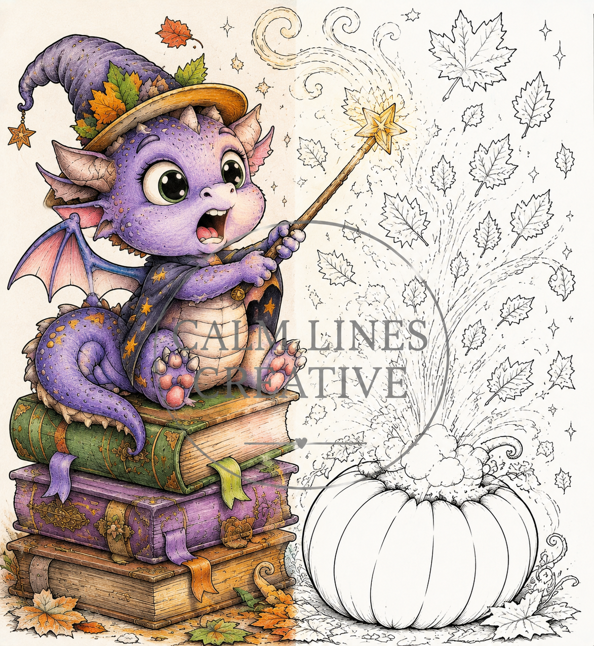 Hand-colored preview of a cute baby dragon Halloween coloring page showing realistic colored pencil texture and printable line art.