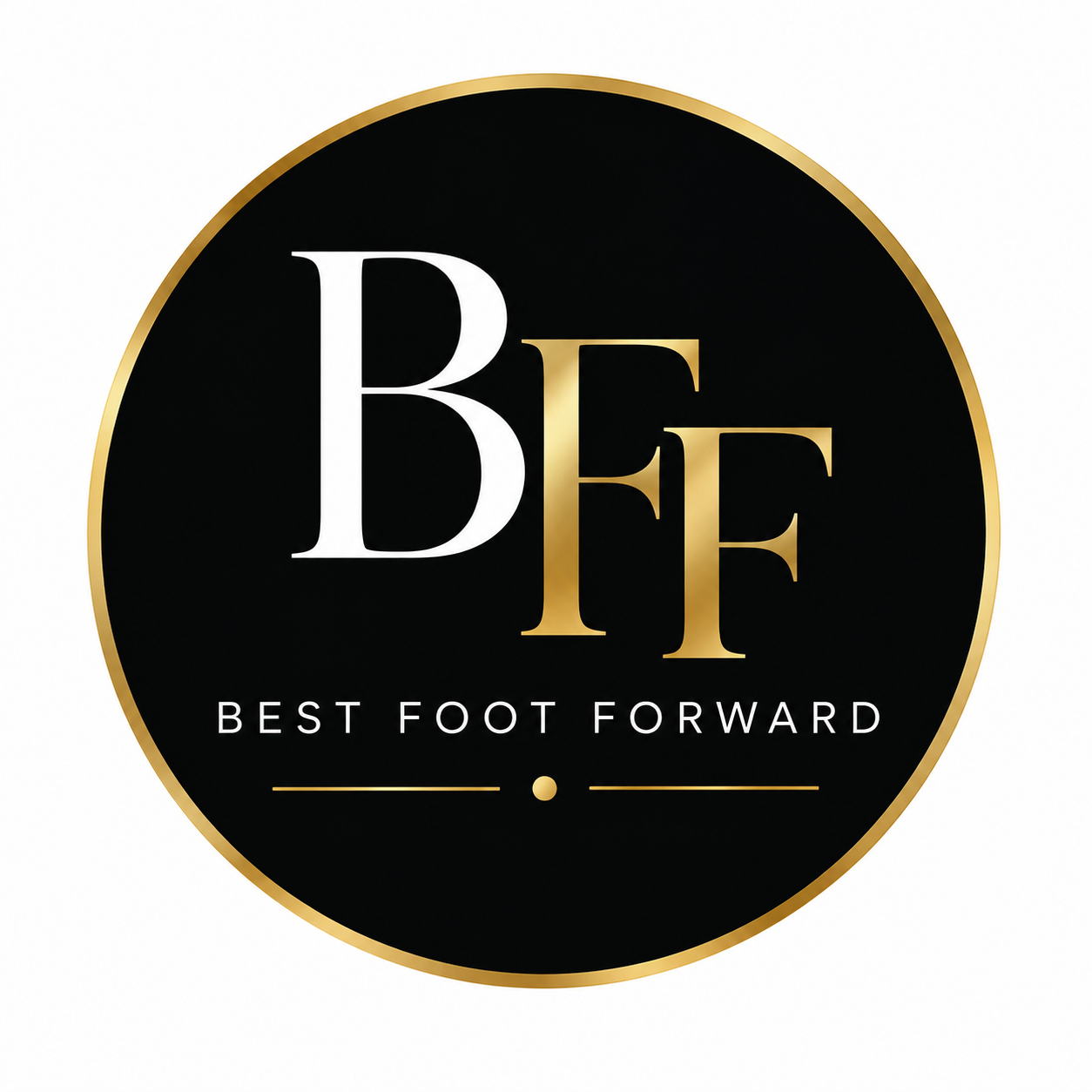 Best Foot Forward (BFF) logo featuring a black and gold circular monogram with elegant serif lettering. Professional branding for career coaching, resume writing, LinkedIn optimization, interview preparation, career resources, digital products, and professional development services.