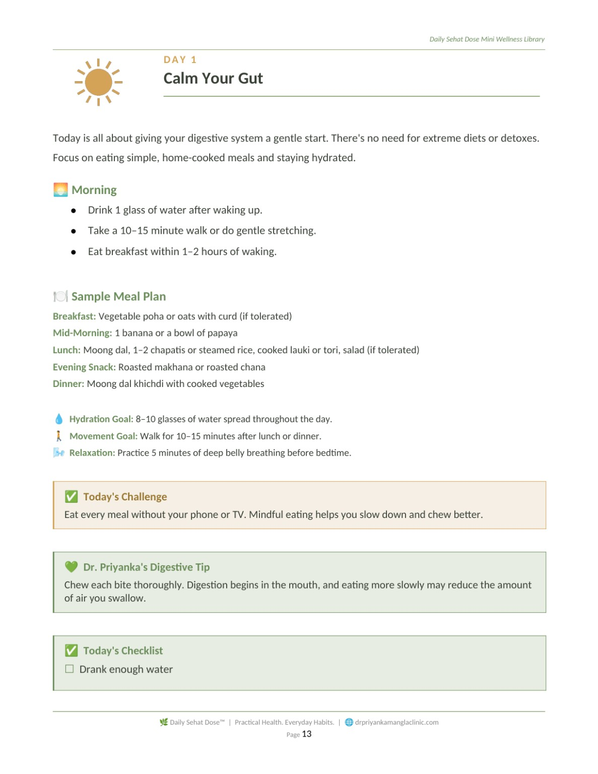 Day 1 Calm Your Gut page from the 7-Day Indian Belly Bloating Reset showing an Indian meal plan, hydration, movement, daily challenge and digestive tips