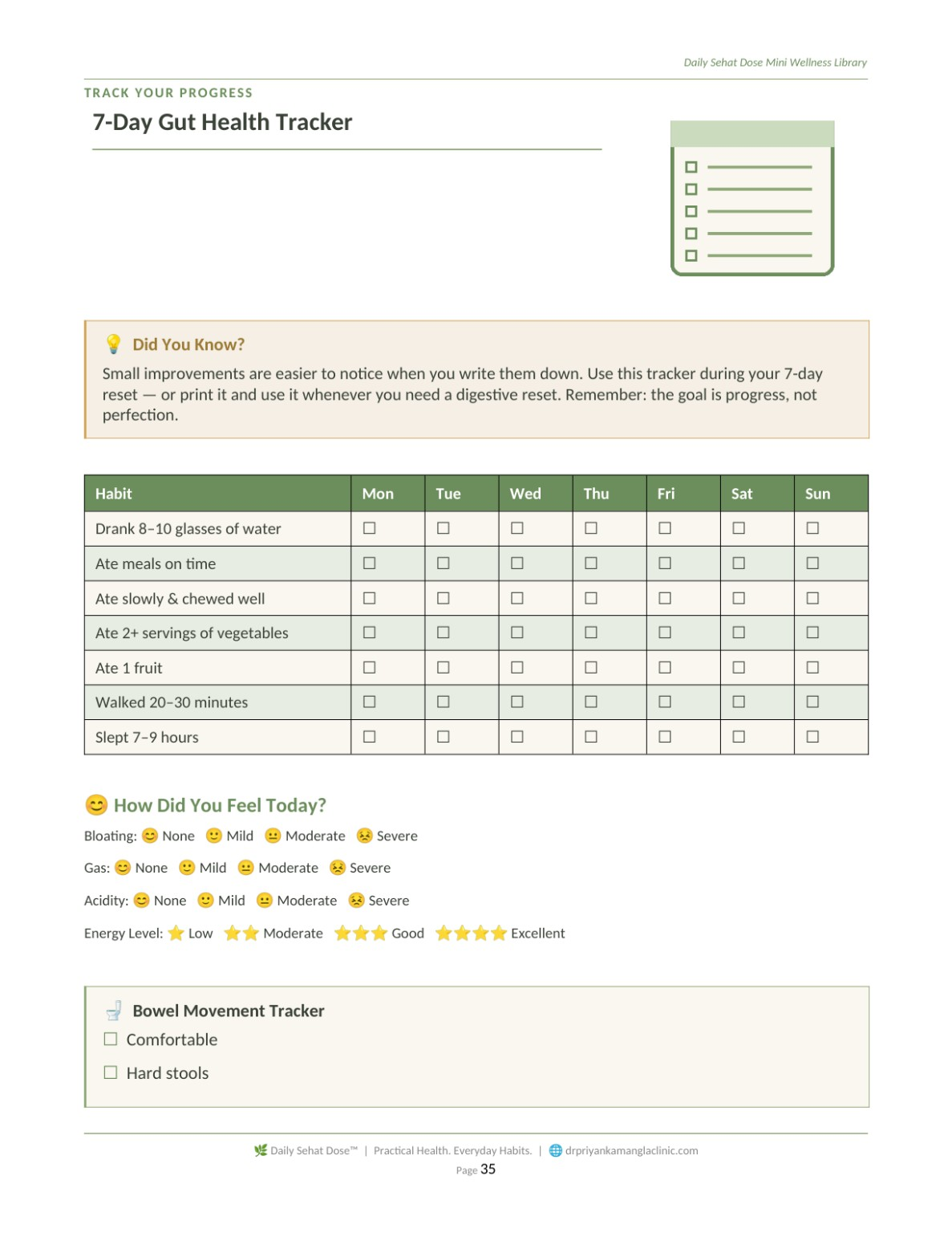 7-Day Gut Health Tracker with daily hydration, meal, movement, sleep, bloating, gas, acidity and bowel movement tracking