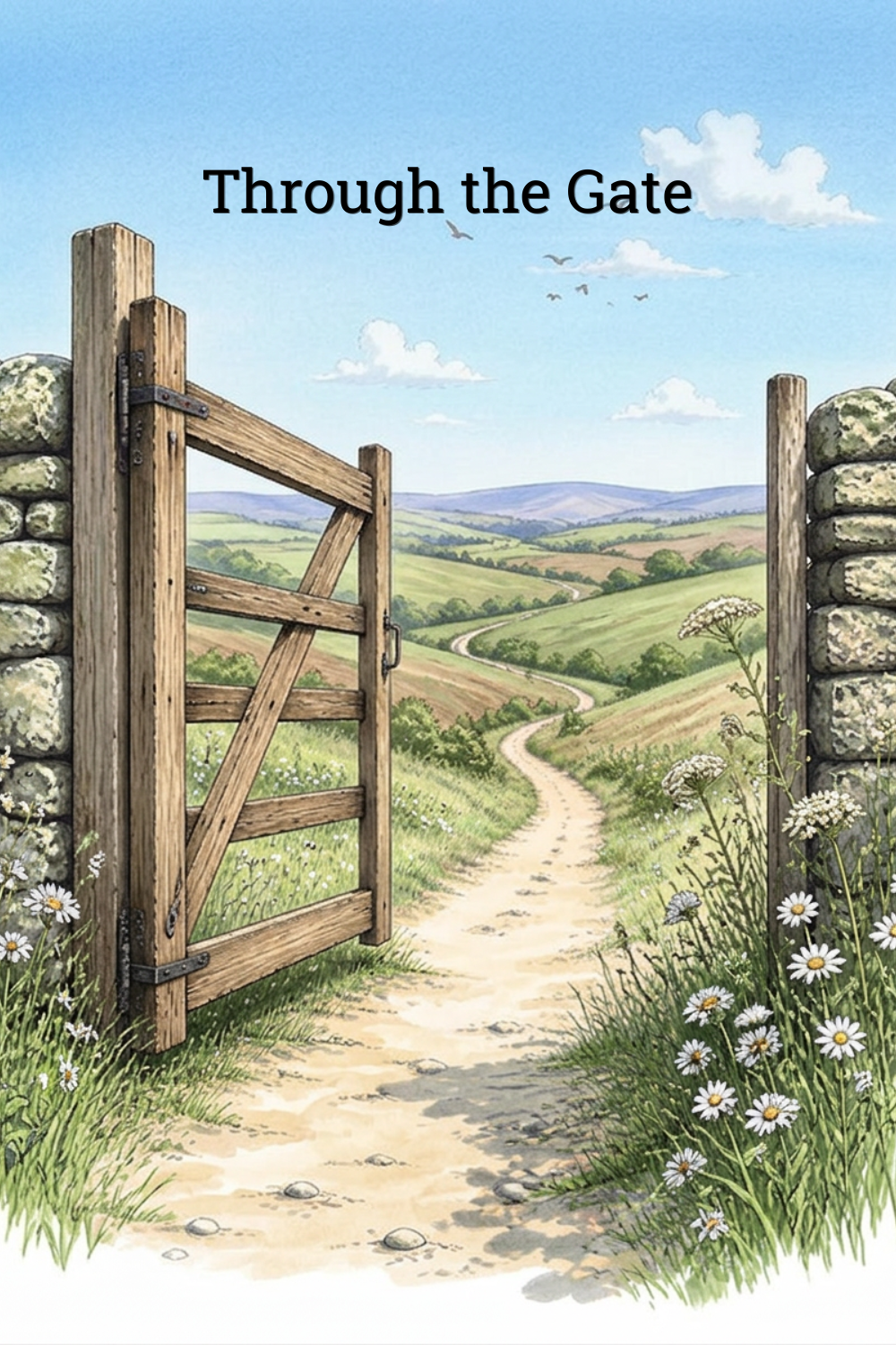 "Through the Gate coloring book cover - rustic wooden farm gate opening onto rolling countryside hills"