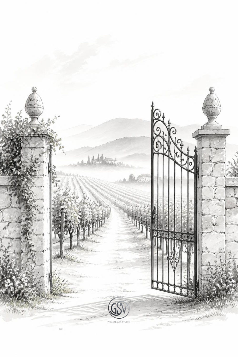 "Grayscale coloring page - wrought iron vineyard gate opening onto misty rows of grapevines"