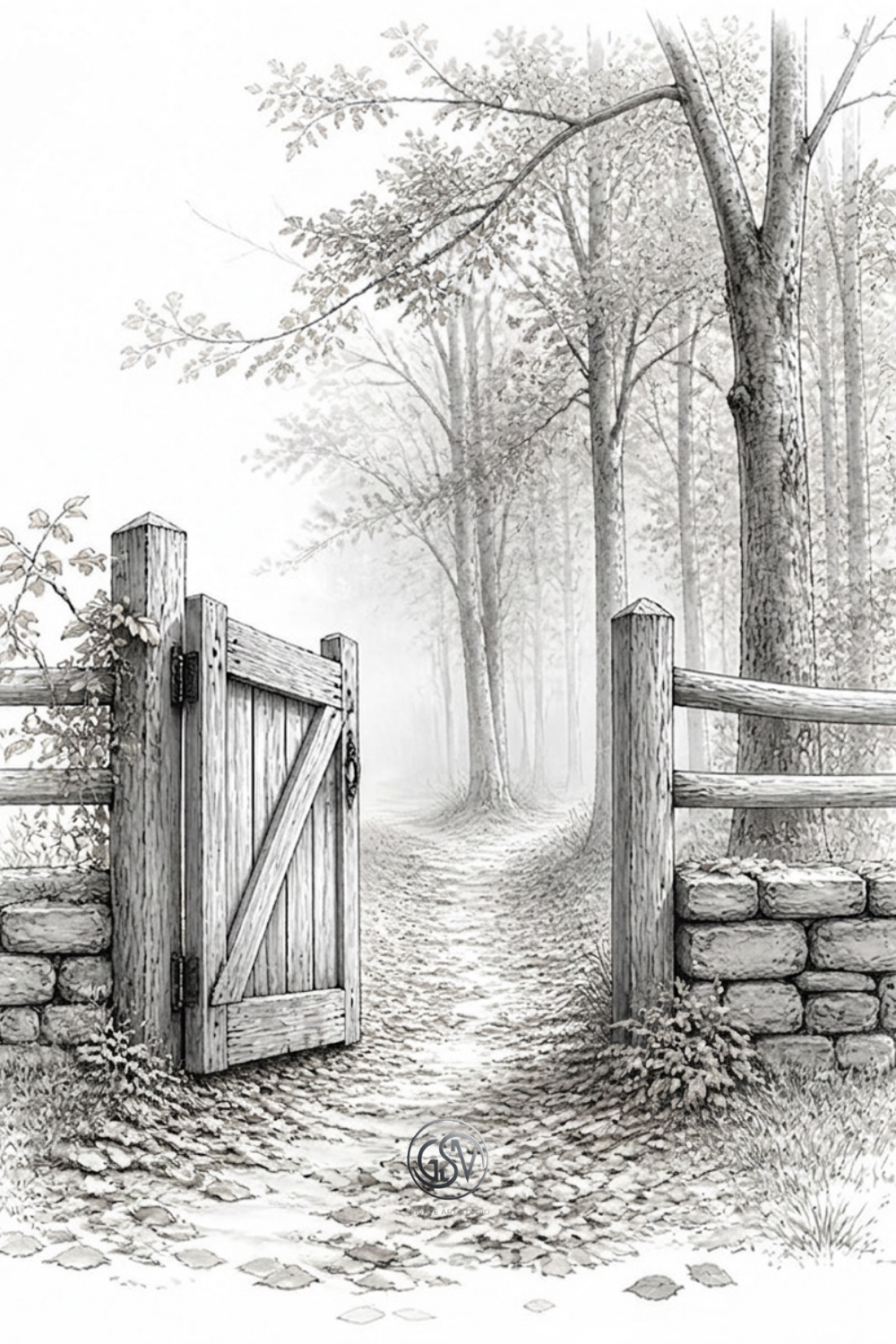 "Grayscale coloring page - rustic wooden gate opening onto a misty autumn forest path"