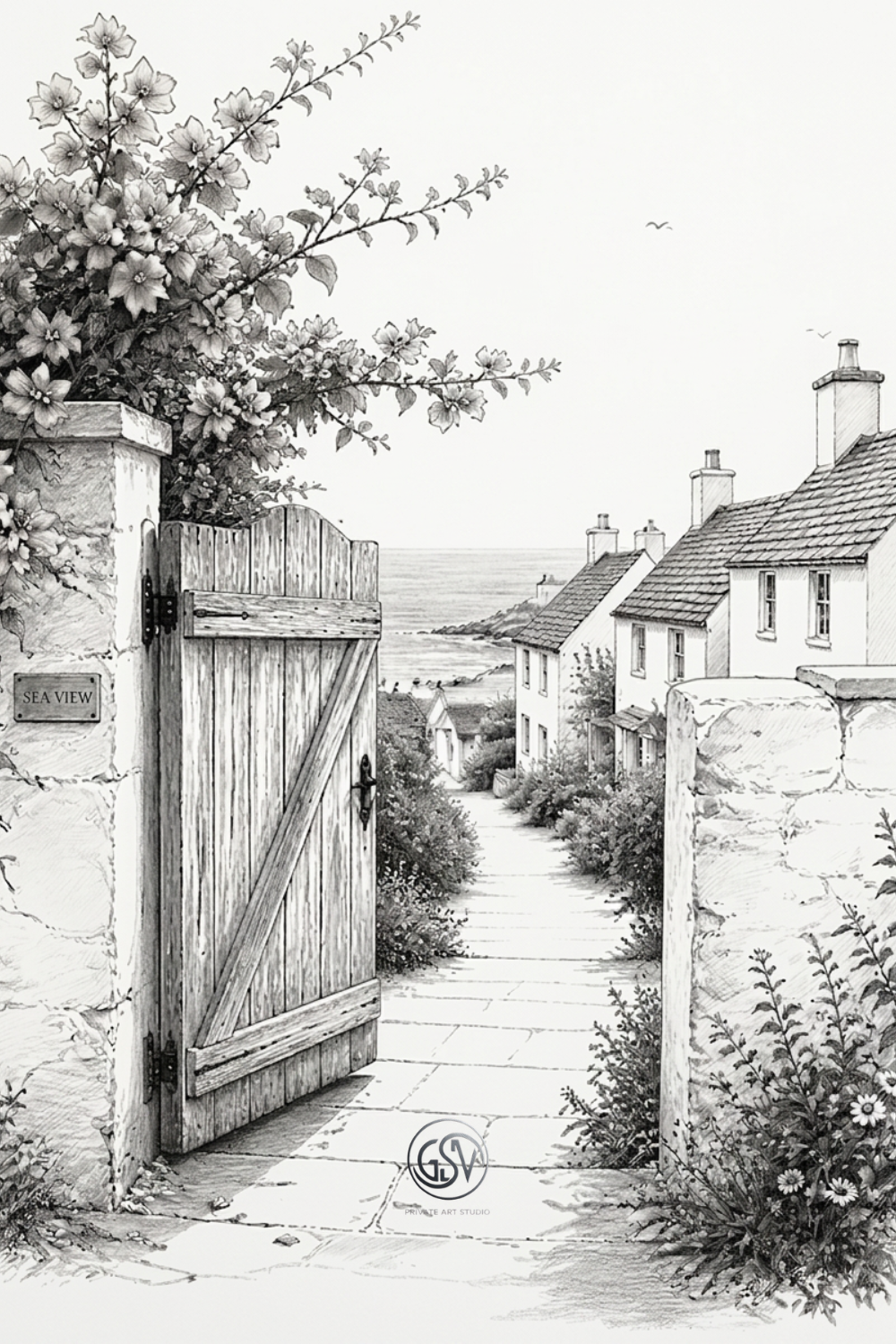 "Grayscale coloring page - wooden garden gate opening onto a seaside village pathway"