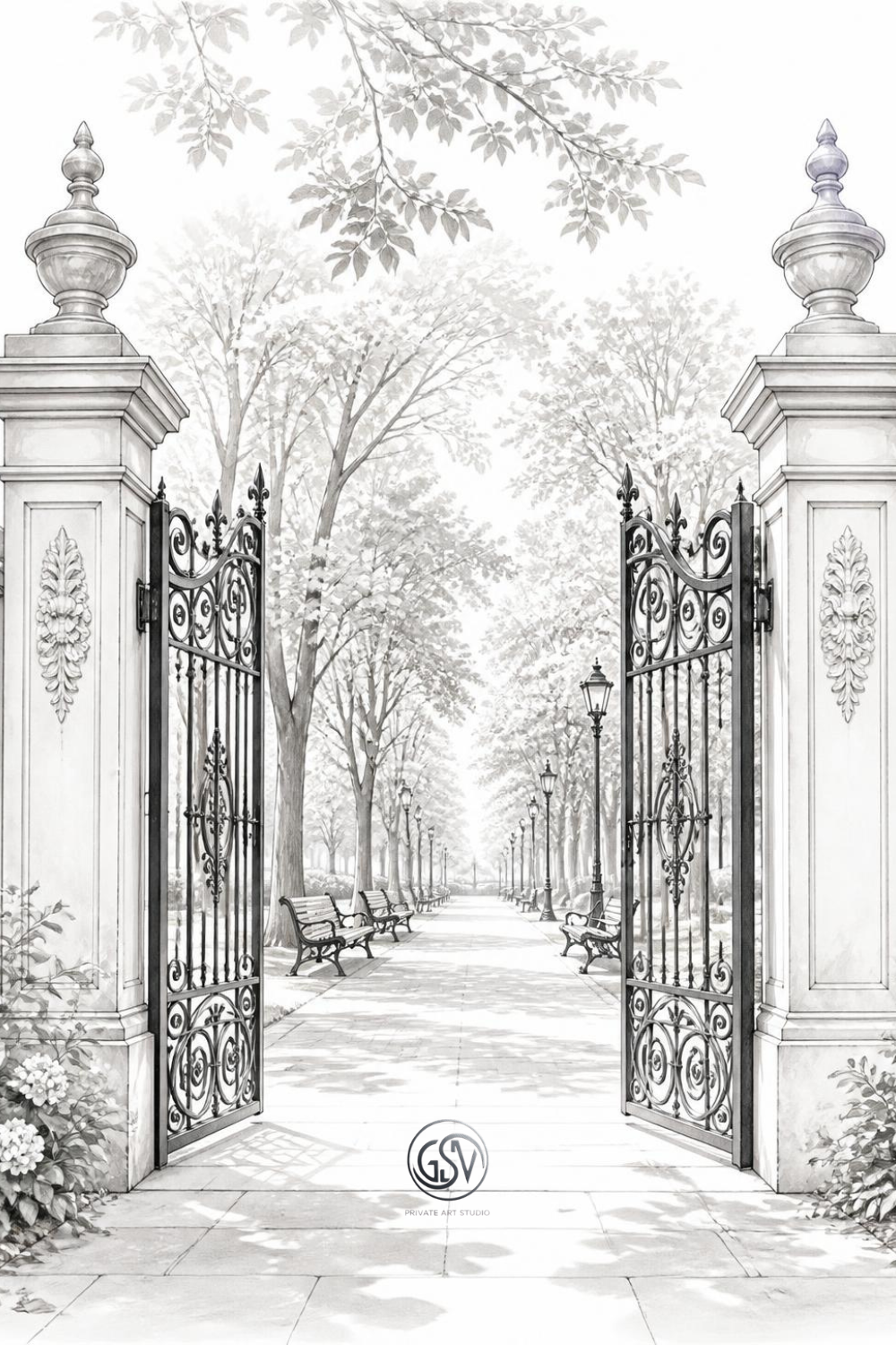 "Grayscale coloring page - ornate wrought iron park gate opening onto a tree-lined avenue"