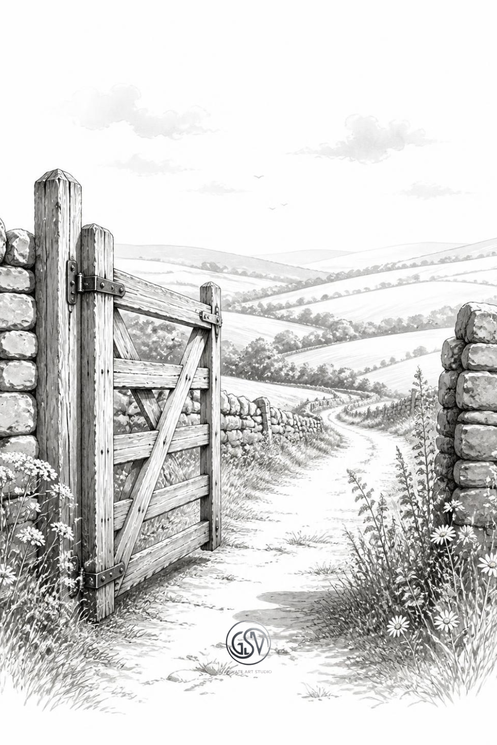 "Grayscale coloring page - rustic wooden farm gate opening onto rolling countryside hills"