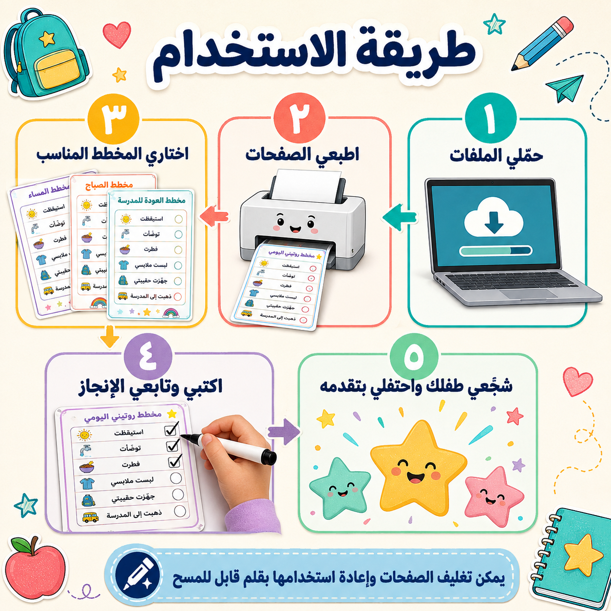 مخططات روتين العودة إلى المدرسة للأطفال – حزمة عربية جاهزة للطباعة من الصباح إلى وقت النوم