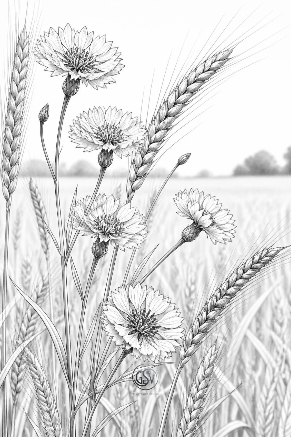 Grayscale coloring page of cornflowers growing among wheat stalks in a golden field.