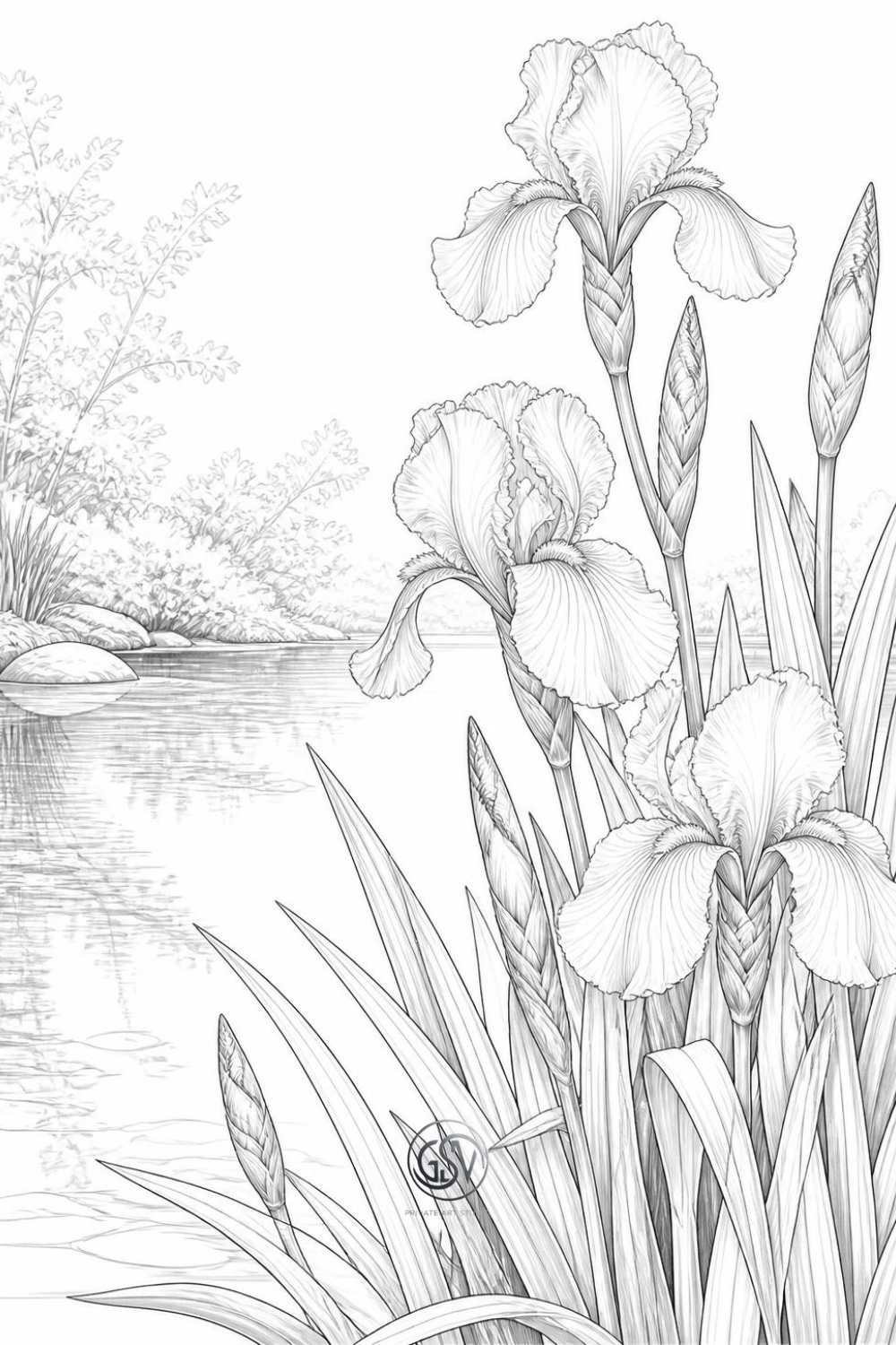 Grayscale coloring page of iris flowers blooming at the edge of a calm pond.
