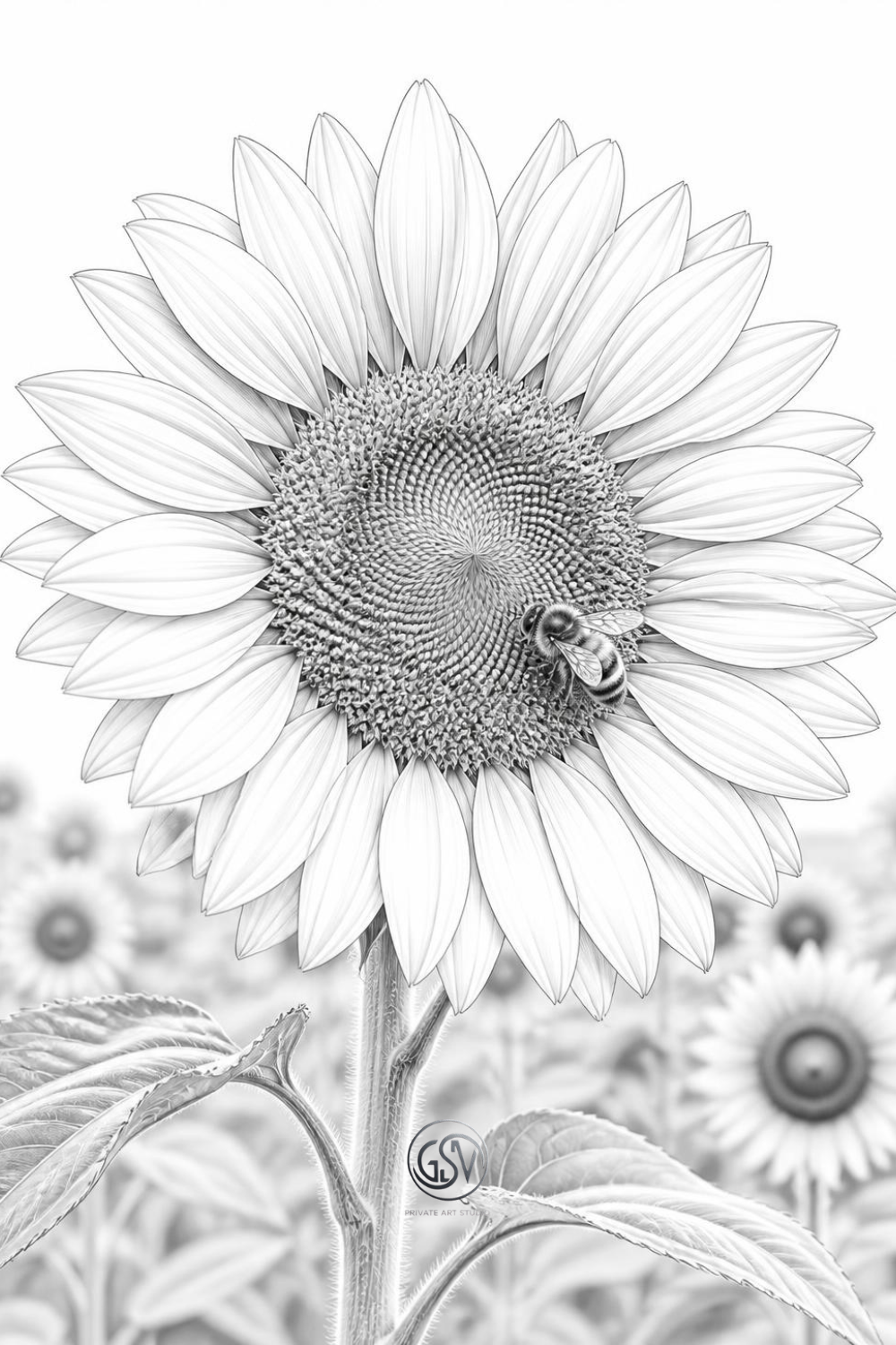 Grayscale coloring page of a large sunflower with a bee resting on its center.