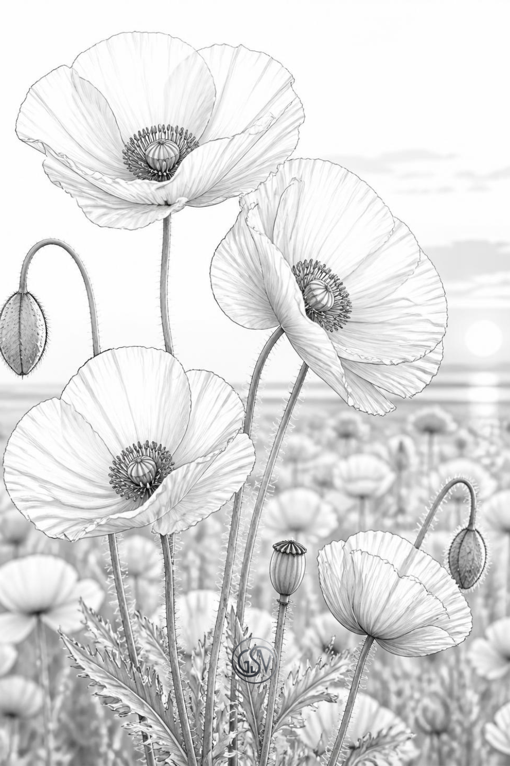 Grayscale coloring page of wild poppy flowers in a field at sunset.