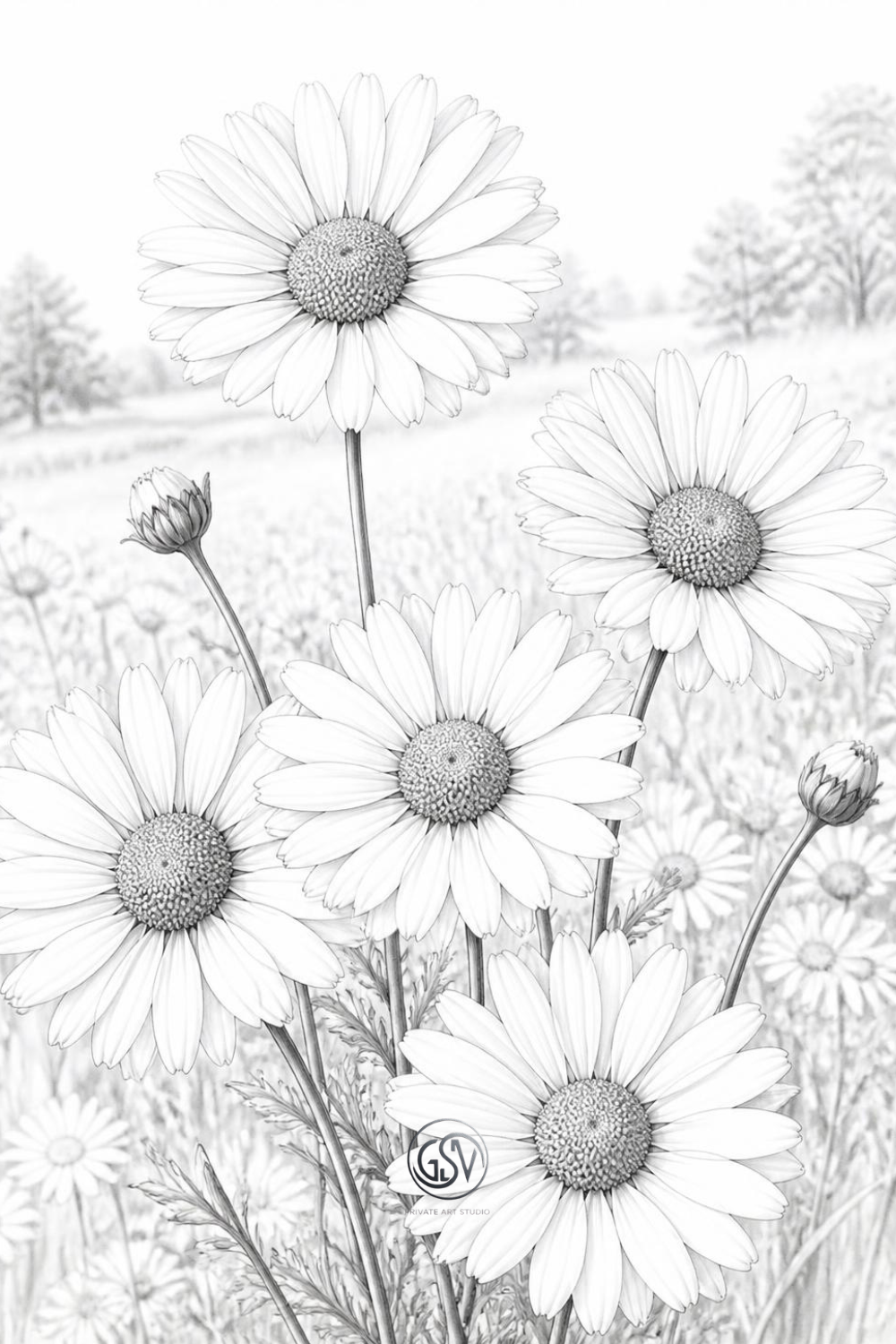 Grayscale coloring page of daisy flowers blooming in a meadow.