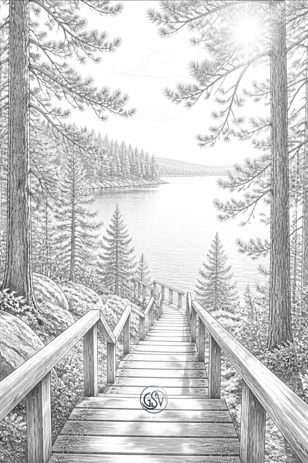 Wooden staircase through pine forest leading down to a calm lake, coloring page