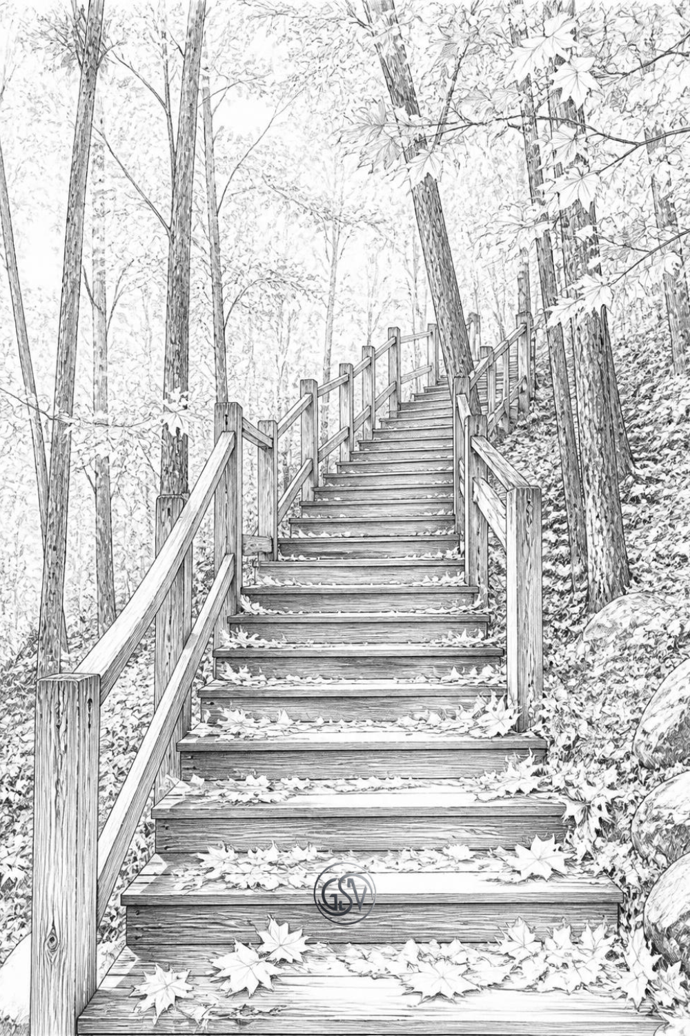 Wooden staircase in the forest grayscale coloring page with autumn leaves