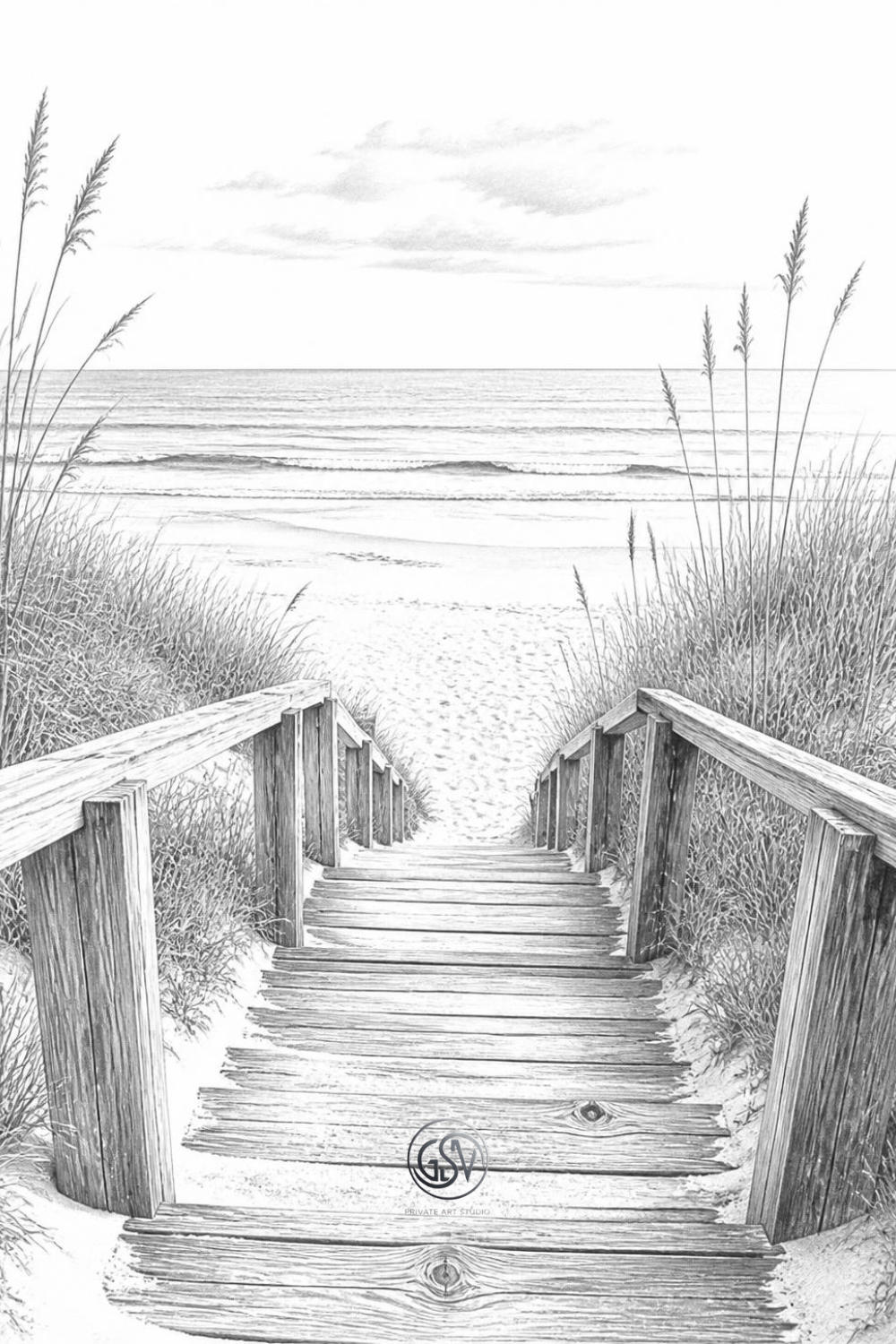 Wooden boardwalk staircase leading to the beach, grayscale coloring page