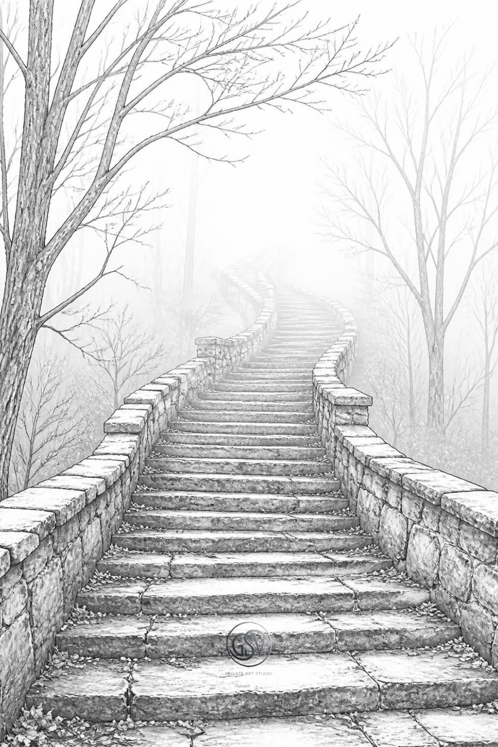 Stone staircase disappearing into misty forest, grayscale coloring page