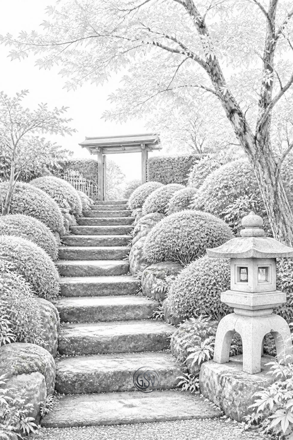 Stone staircase in a tranquil Japanese garden, grayscale coloring page