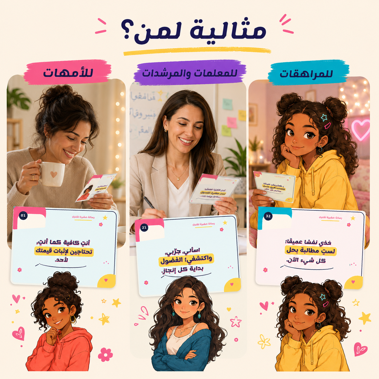 60 بطاقة تحفيزية للمراهقات – رسائل يومية للثقة وحب الذات والطموح