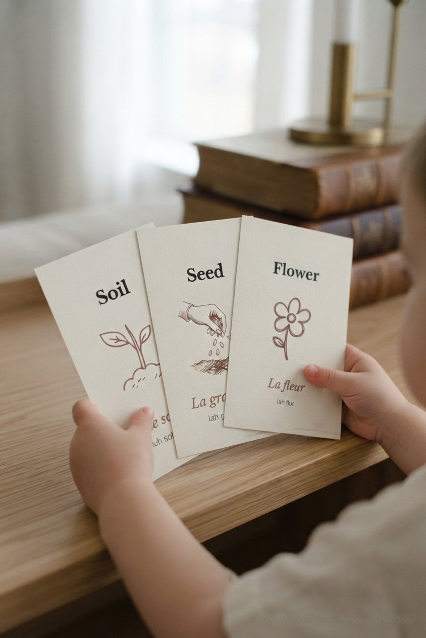 Bilingual Montessori nature flashcards in English and French - 20 printable concepts for toddlers.