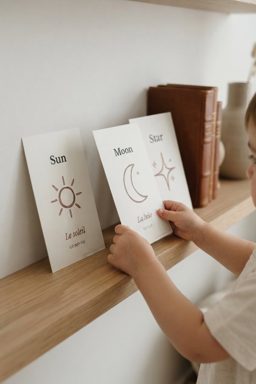 Child using Montessori 3-part cards for nature and science learning at home.