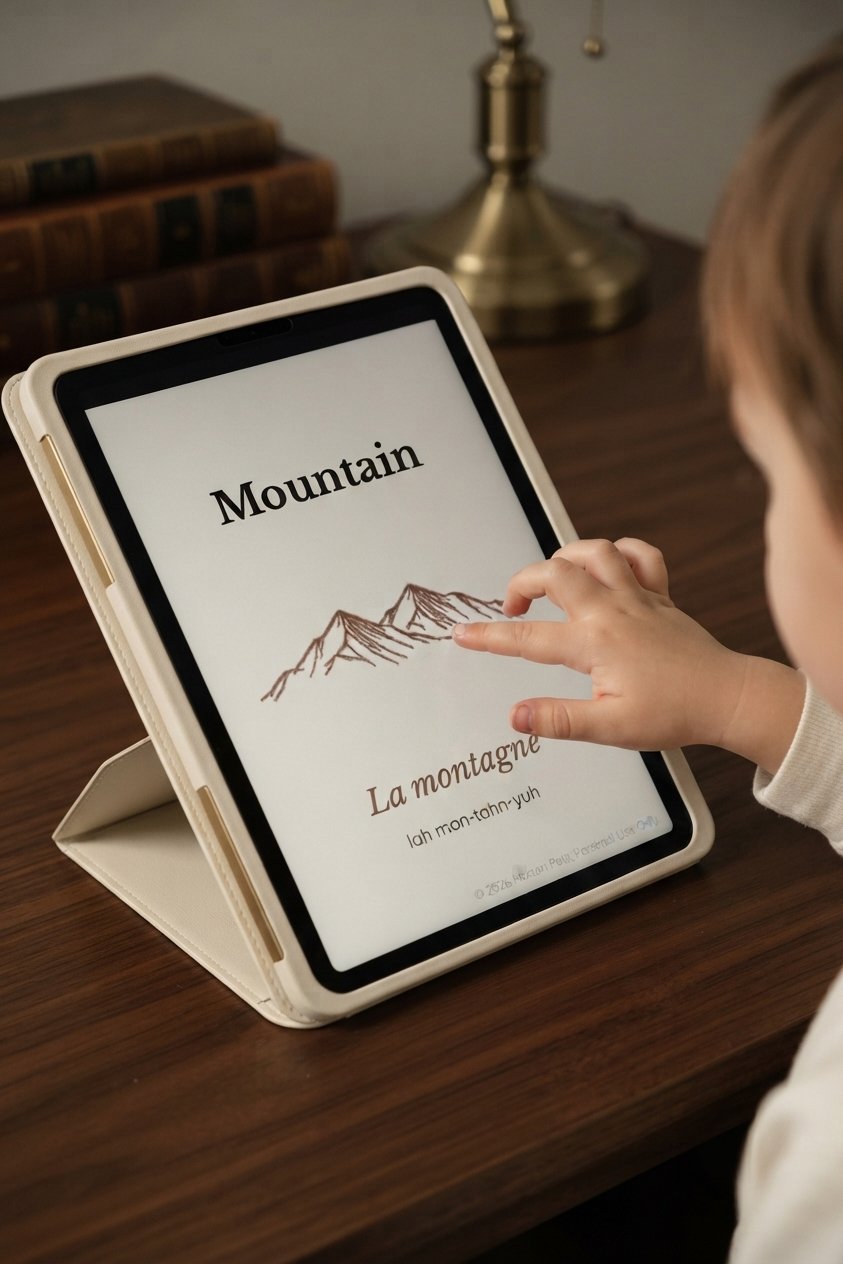 Child using Montessori 3-part cards for nature and science learning at home.