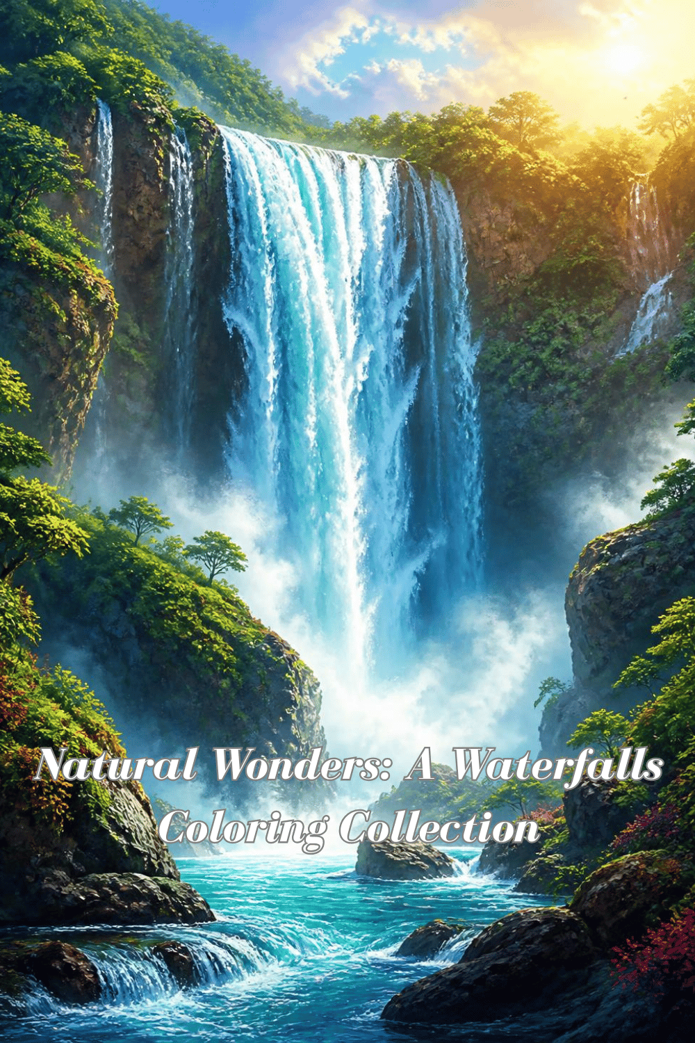 Colorful cover illustration of a tall tropical waterfall cascading through a lush green canyon, for the Natural Wonders Waterfalls Coloring Collection