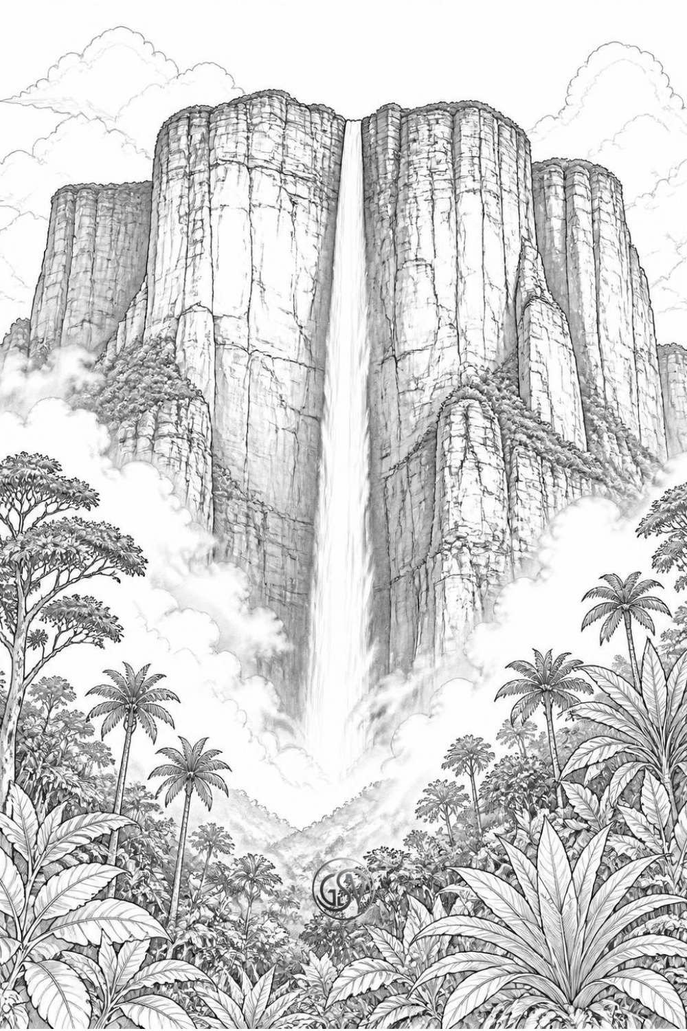 Grayscale coloring page of Angel Falls, the world's tallest waterfall, cascading down a sheer tepui cliff surrounded by tropical rainforest