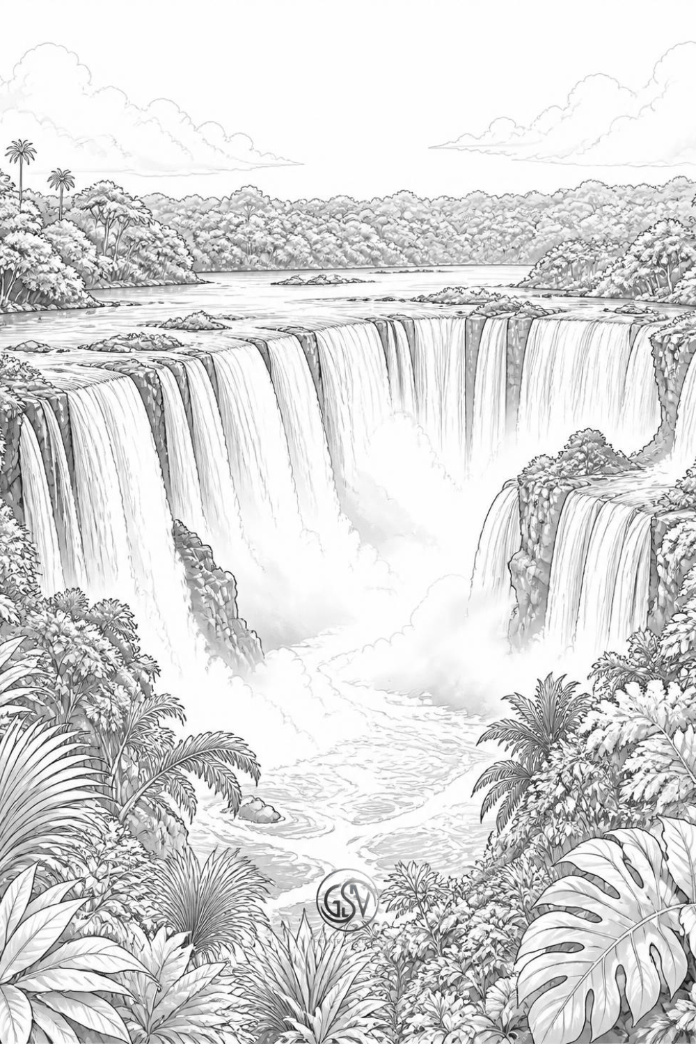 Grayscale coloring page of Iguazu Falls, a wide horseshoe-shaped system of waterfalls surrounded by dense subtropical jungle