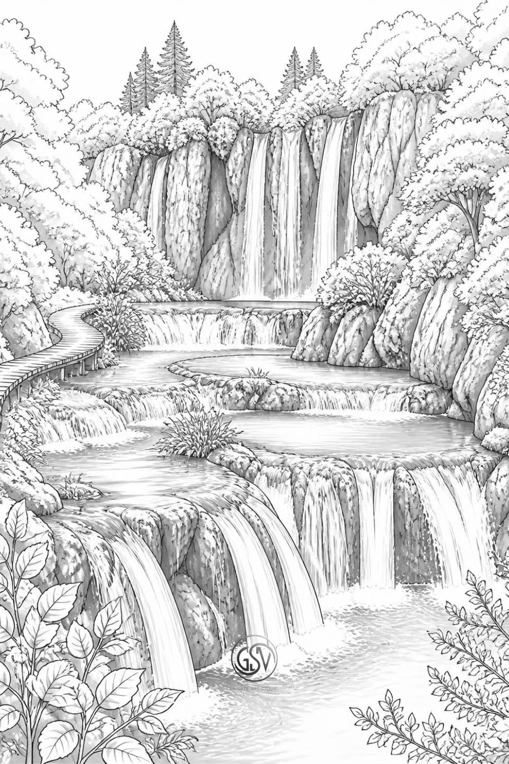 Grayscale coloring page of the Plitvice Lakes waterfalls, layered natural cascades flowing through a green forest with a wooden path