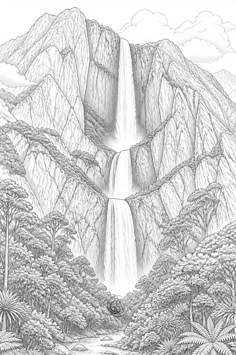 Grayscale coloring page of Sutherland Falls, a tall three-tiered waterfall descending a steep mountain in New Zealand's fiordland forest