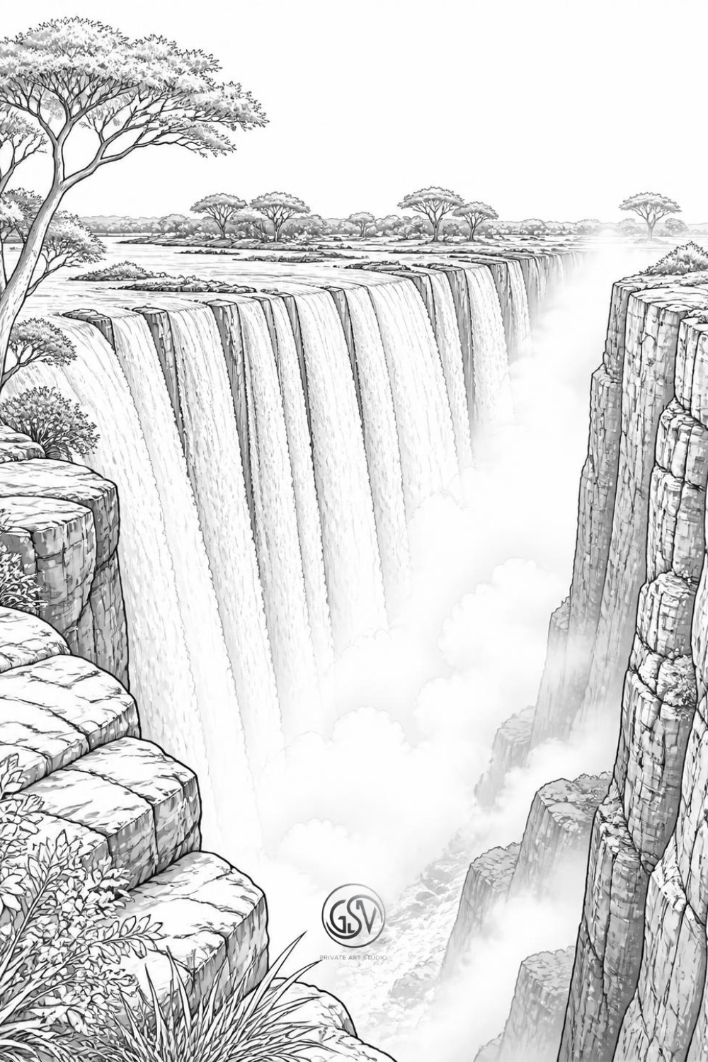 Grayscale coloring page of Victoria Falls, a wide curtain of water plunging into a narrow gorge with rising mist and savanna trees