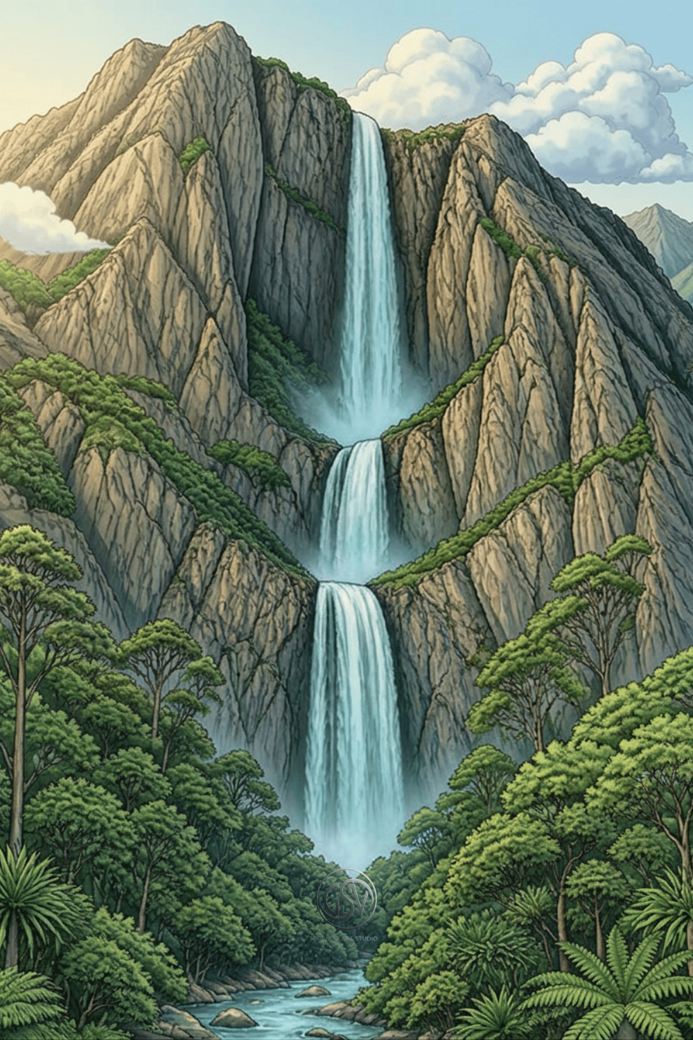 Colorful illustration of Sutherland Falls, a three-tiered waterfall cascading down a mountain through green forest in New Zealand