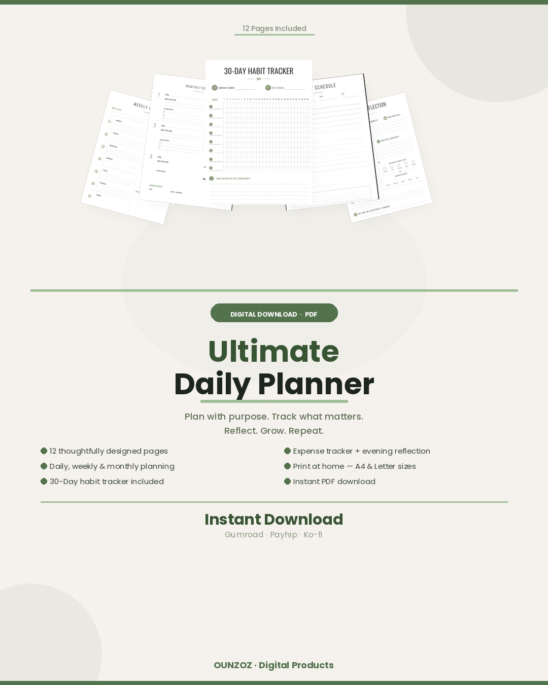 Ultimate Daily Planner 12-page printable PDF showing habit tracker,  daily schedule and weekly overview pages — minimal design,  instant download, A4 and US Letter sizes
