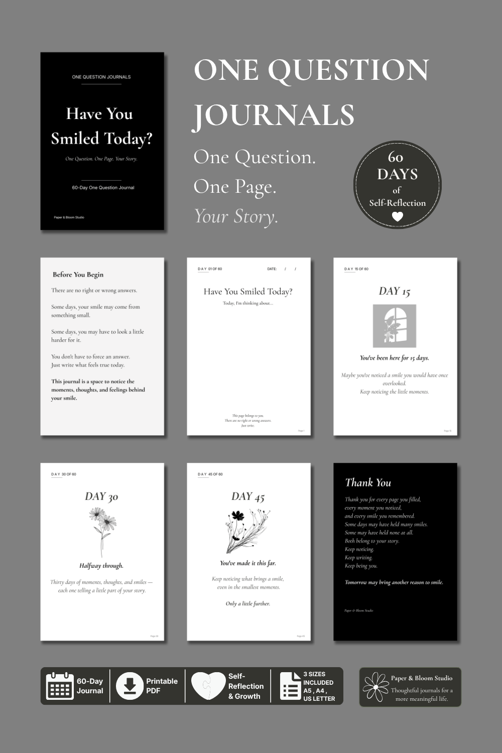Have You Smiled Today? printable self reflection journal PDF with sample pages, 60-day guided journal for mindfulness and personal growth