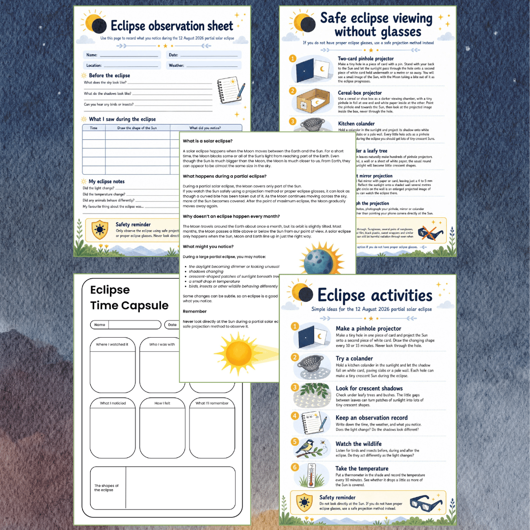 Download this free solar eclipse printable pack for children, with activities, an observation sheet, eclipse facts and safe viewing ideas for 12 August 2026.