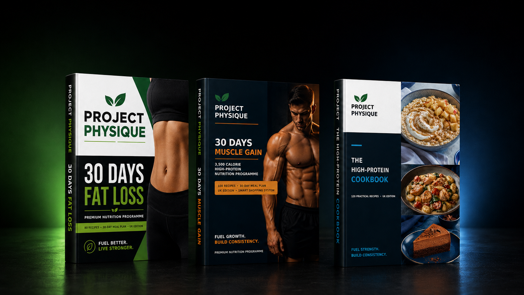 Project Physique complete nutrition bundle featuring 30 Days Fat Loss, 30 Days Muscle Gain and the High-Protein Cookbook.