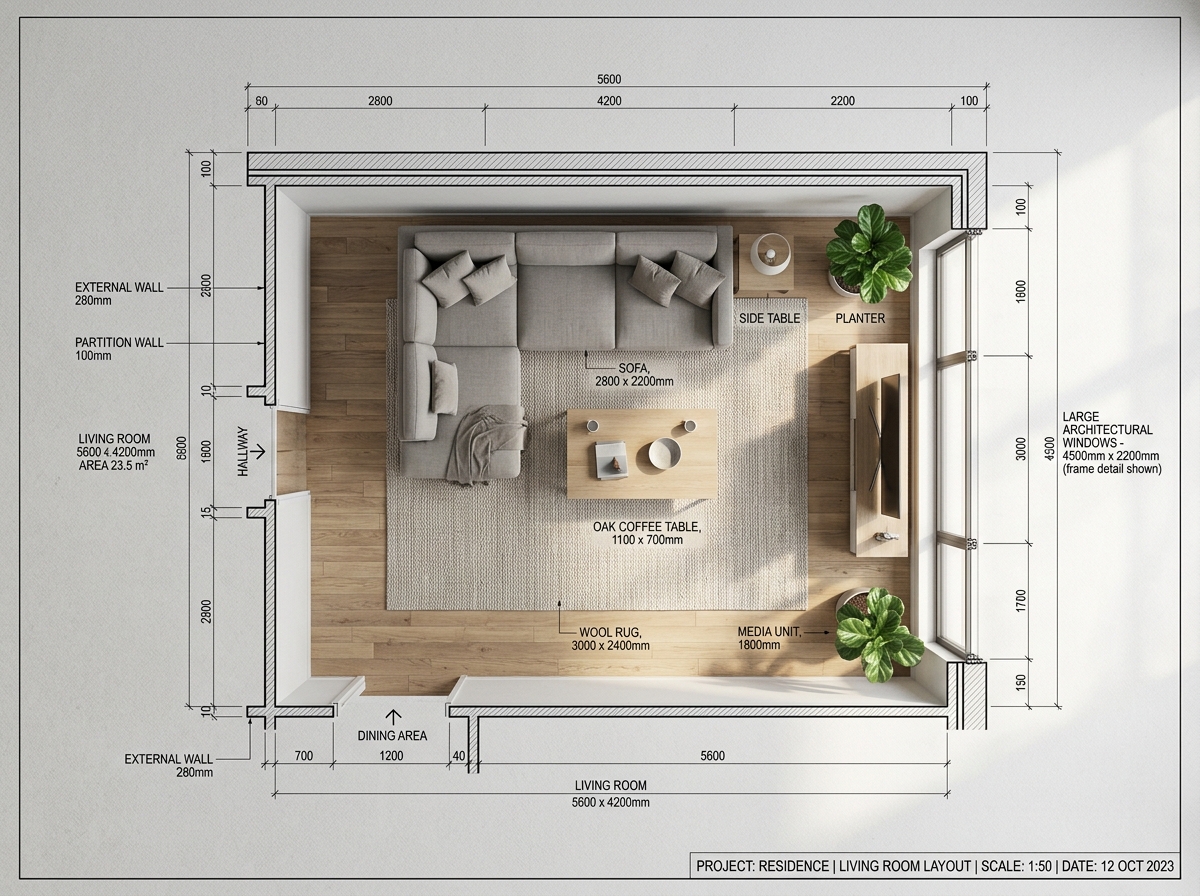 Top-down view of a modern living room floor plan demonstrating proper furniture proportion, spatial balance, and geometric interior design scale.