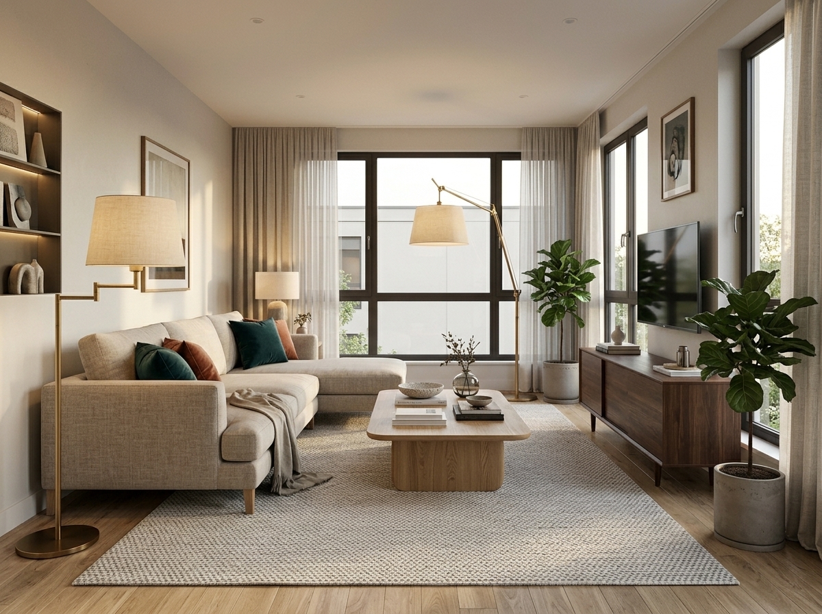 A warm living room layout showcasing correct area rug sizing, layered ambient lighting, and cohesive 60/30/10 color rule decoration principles.