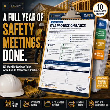 Weekly Construction Toolbox Talks by Back Office Blueprint — 52 printable construction safety meeting topics with sign-in sheets