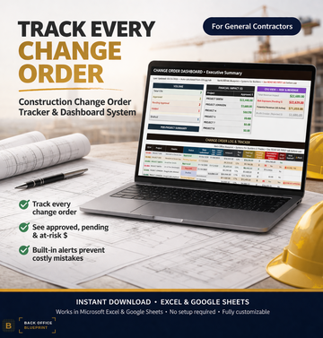 Construction Change Order Tracker by Back Office Blueprint — change order log, dashboard and at-risk alerts in Excel and Google Sheets