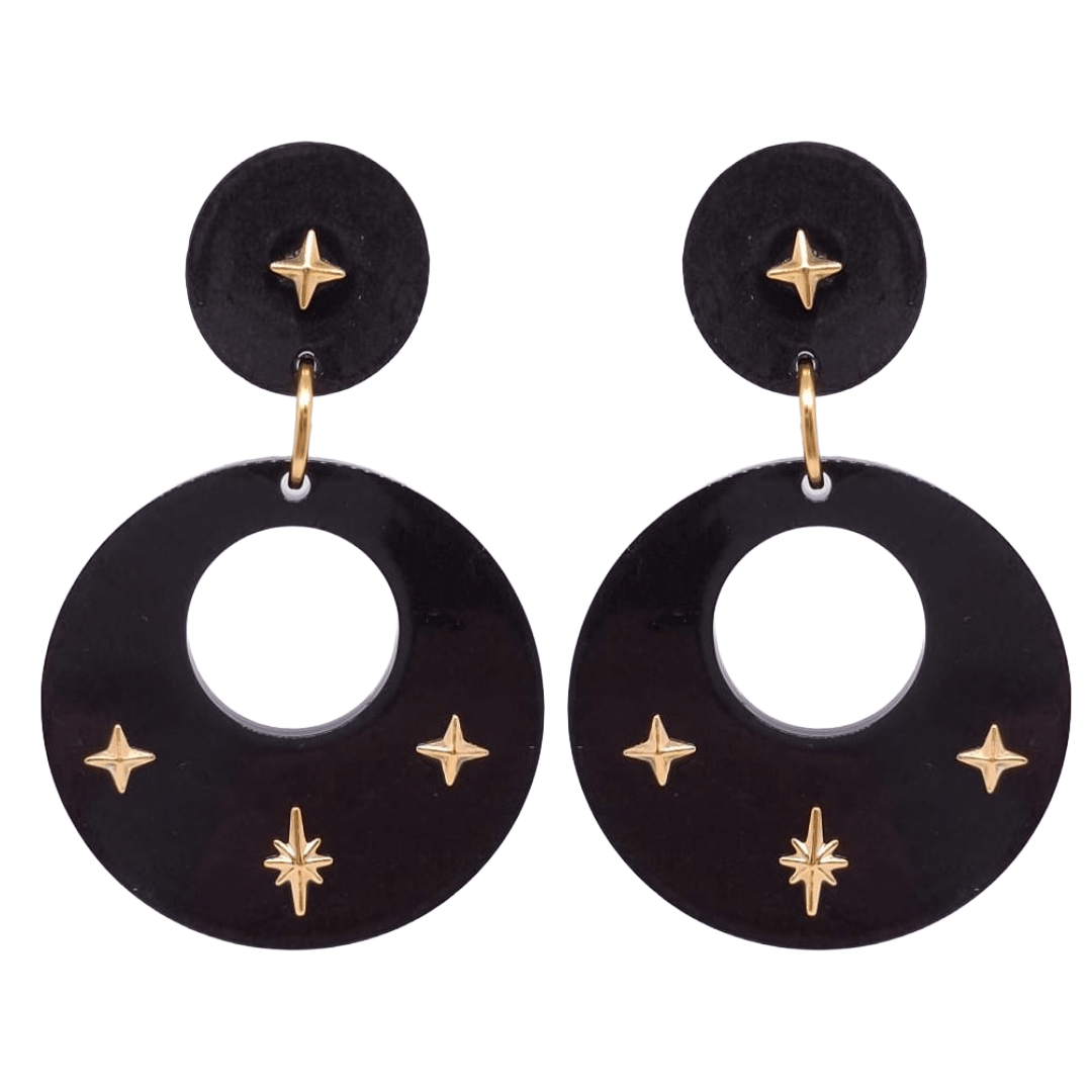 1950's Retro Vintage Style Black Hoop Earrings with Starburst Atomic Cat