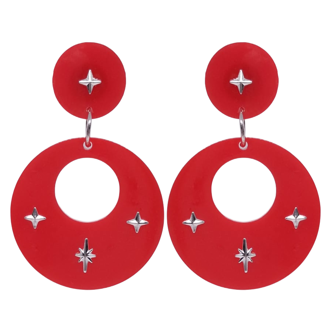 1950's Retro Vintage Style Red Hoop Earrings with Starburst Atomic Cat