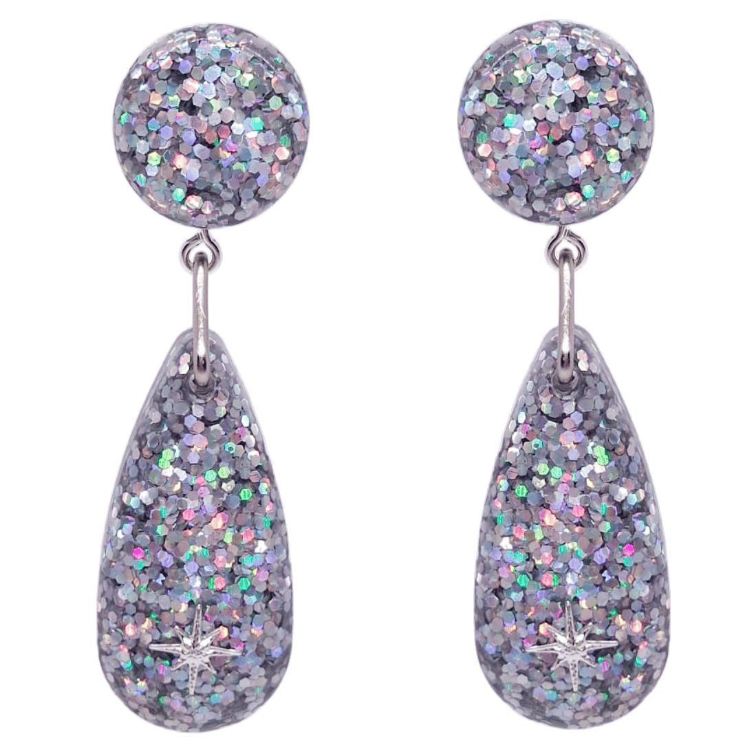 1950's Retro Vintage Silver Grey Glitter Teardrop Earrings Atomic Cat