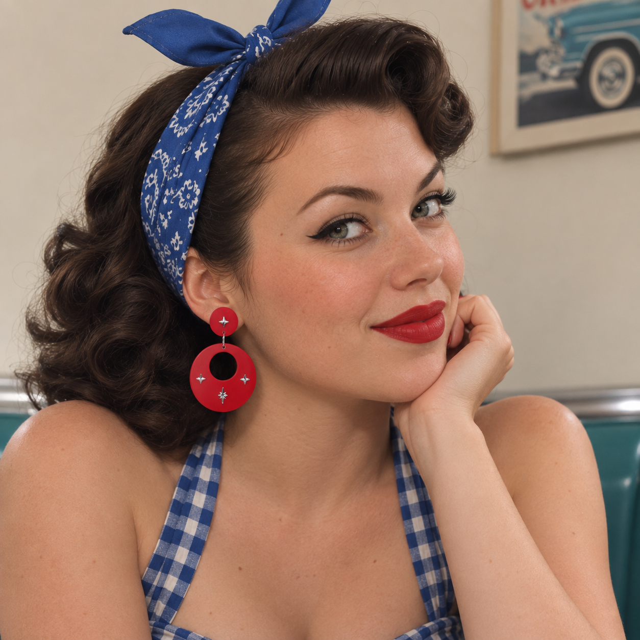 1950's Retro Vintage Style Red Hoop Earrings with Starburst Atomic Cat