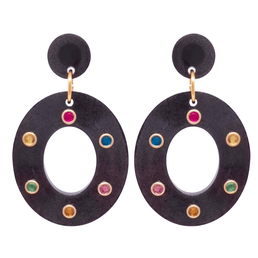 1980's Retro Earrings Oval Hoop Black Rhinestone Jewel Atomic Cat