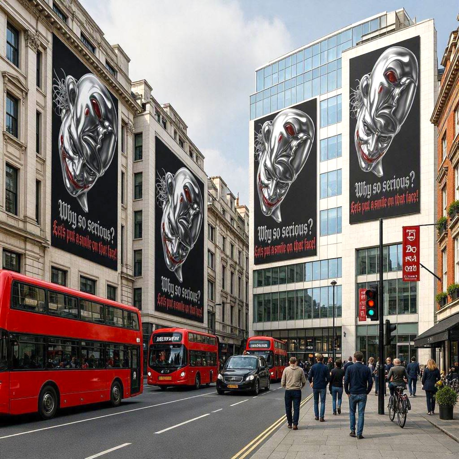 ​"Why so serious Joker dark theme street billboard mockup with red buses, edgy vinyl decal design by Zenith Decals"