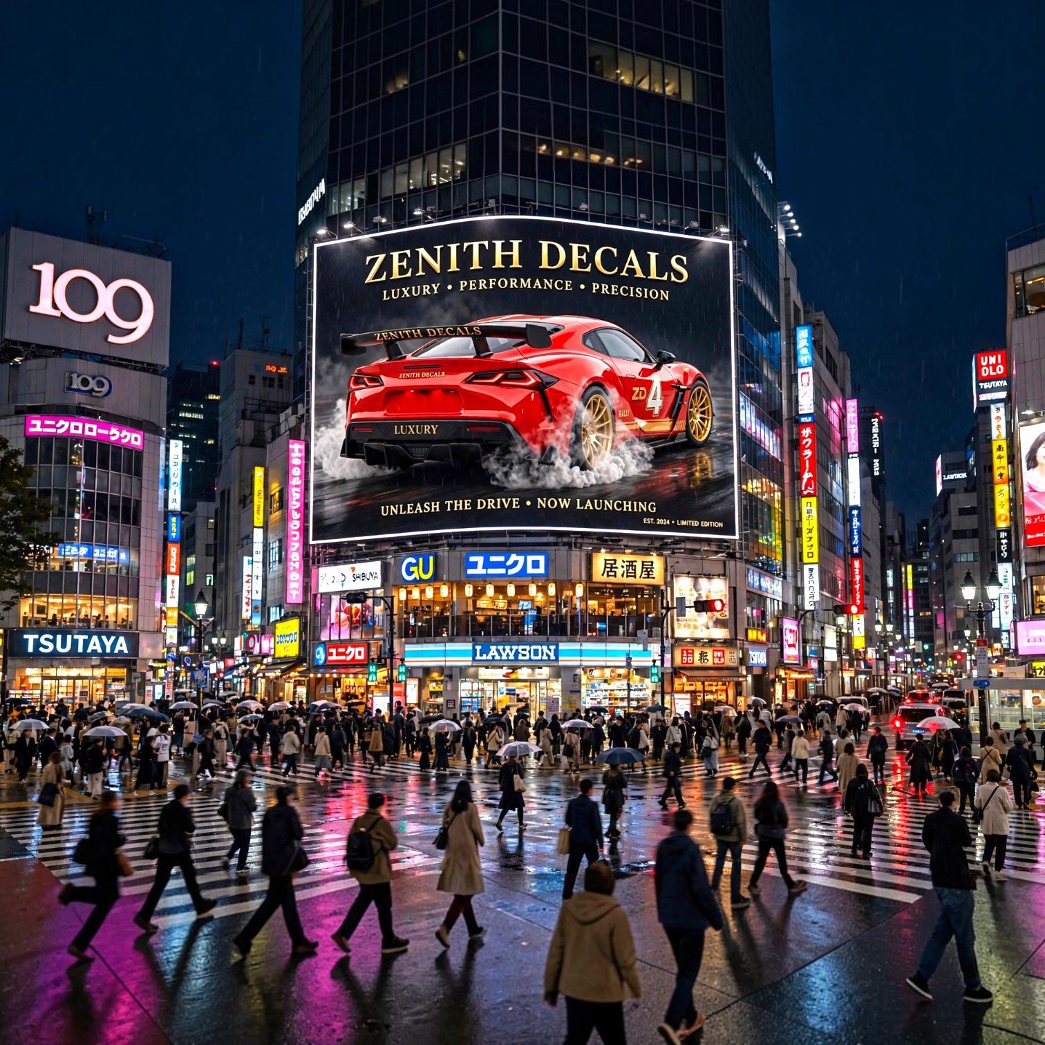 Futuristic red sports car billboard mockup, cyberpunk city decal design by Zenith Decals