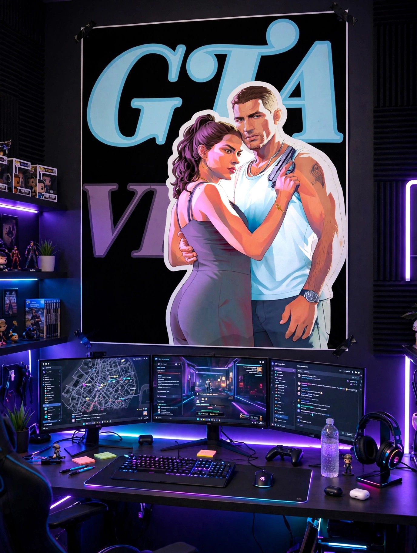 ​GTA VI style gaming setup wall poster mockup, neon gaming room decal design by Zenith Decals